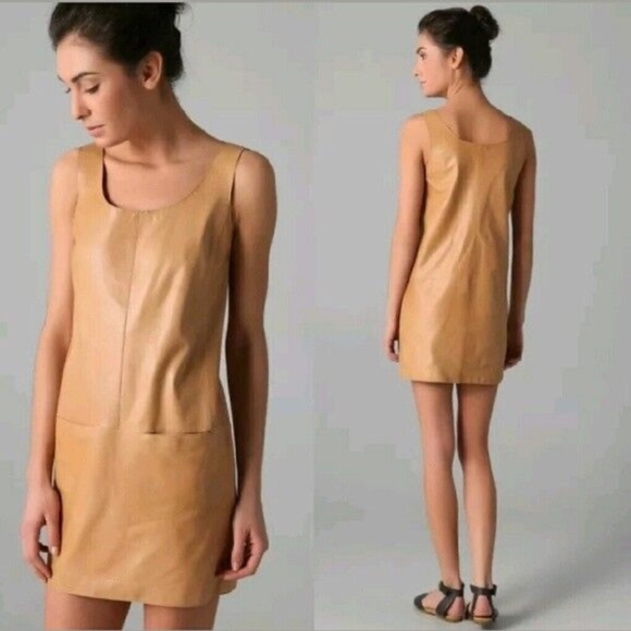 VINCE 100% Lamb Leather Sleeveless Tank Front Pocket Mini Shift Dress Tan Size 2 - Picture 1 of 15
